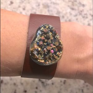 Brown Leather Snap Bracelet with Multicolored Crystal natural stone NEW